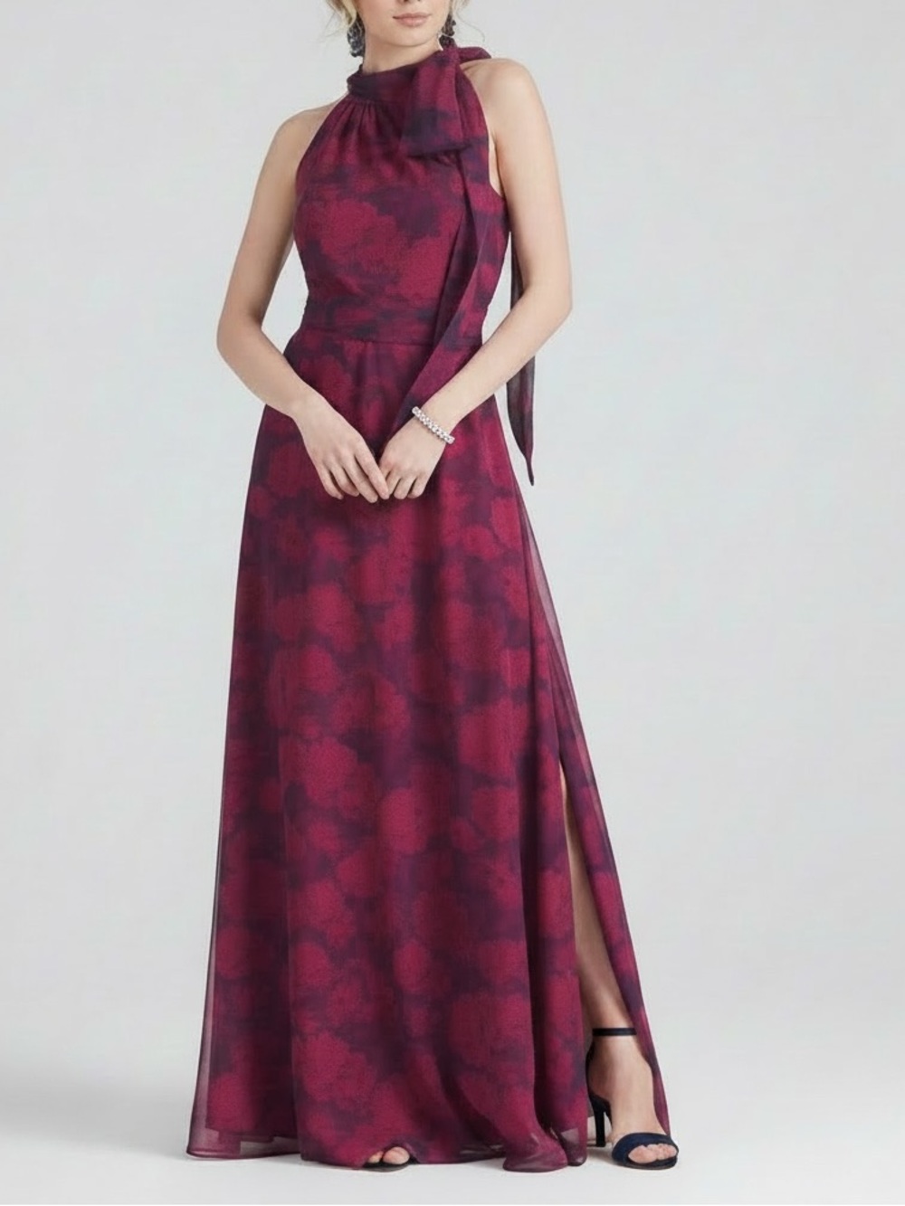 NWT SACHIN + BABI Magenta Floral Sleeveless Tie Neck Maxi Dress Gown Size 8